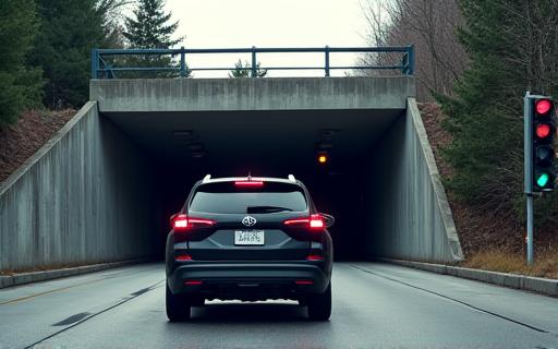 Ein Auto wartet vor dem Munt la Schera Tunnel.